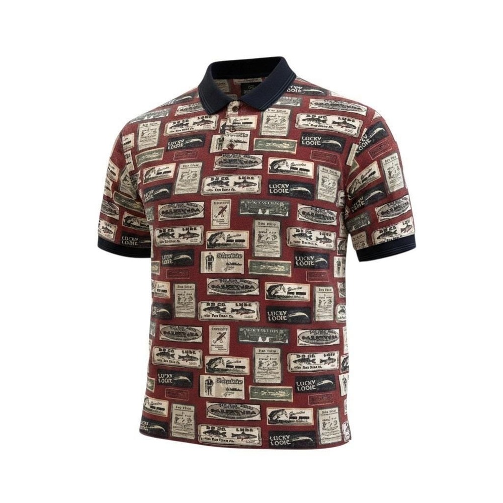 VTG RedHead All Over Lures Rods Fish Print Short Sleeve Polo Dad Shirt Size XXL